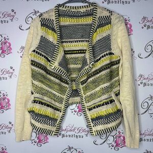 Moth cardigan knit crochet sparkly gold thread boho warm cozy pockets green luxe